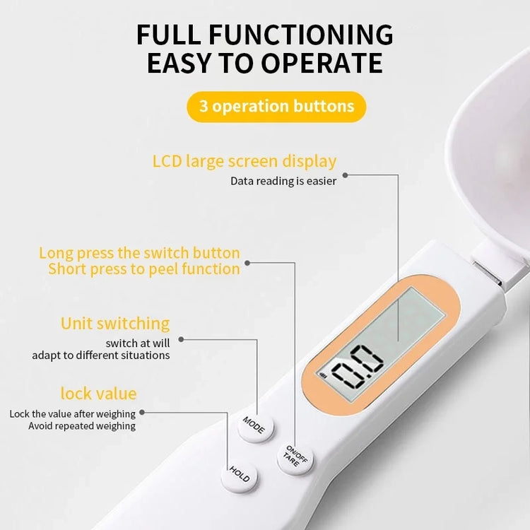 ACCUSCOOP button guide showing the LCD screen, MODE, HOLD and ON/OFF TARE buttons